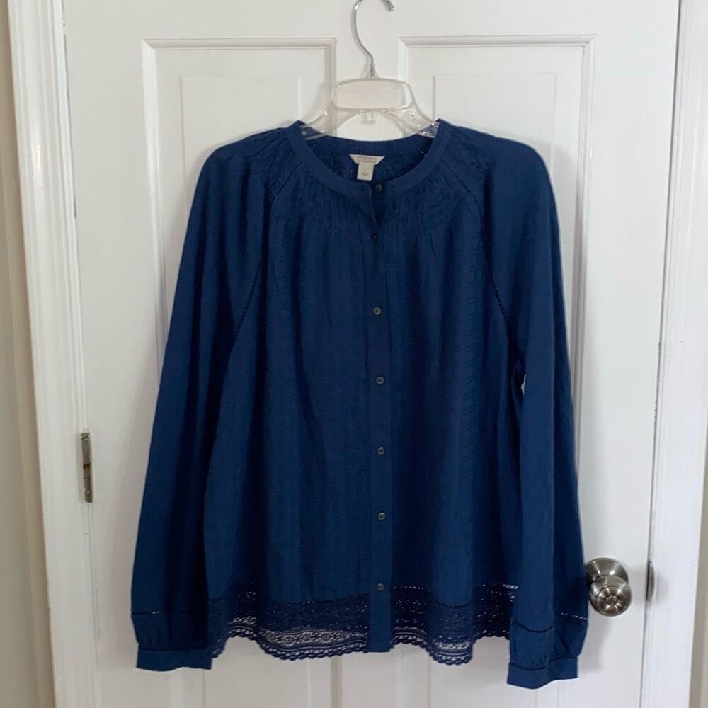 Point Sur J Crew 100% Cotton Blouse with Lace & Crochet Detail Size L